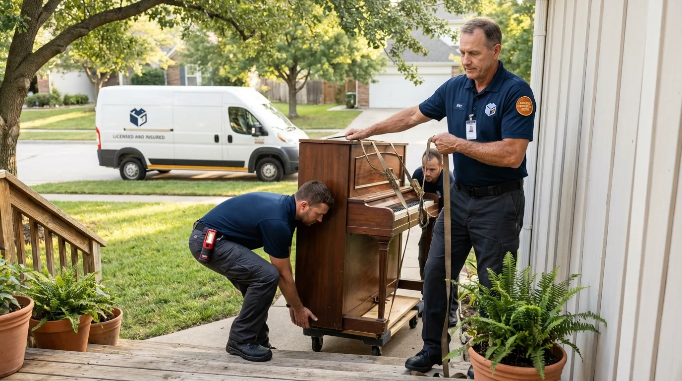Licensed piano movers securing grand piano in Holland, OH