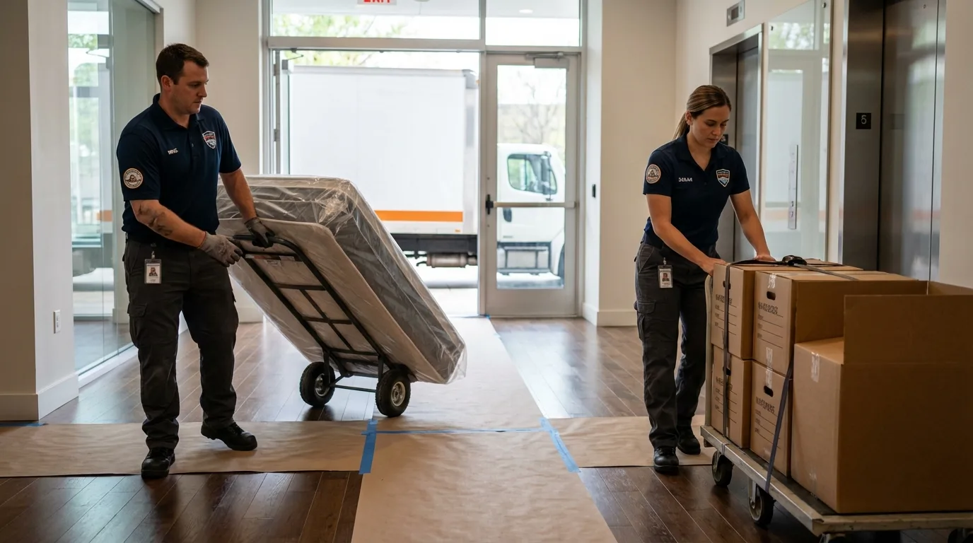 Professional apartment movers loading elevator in Holland, OH